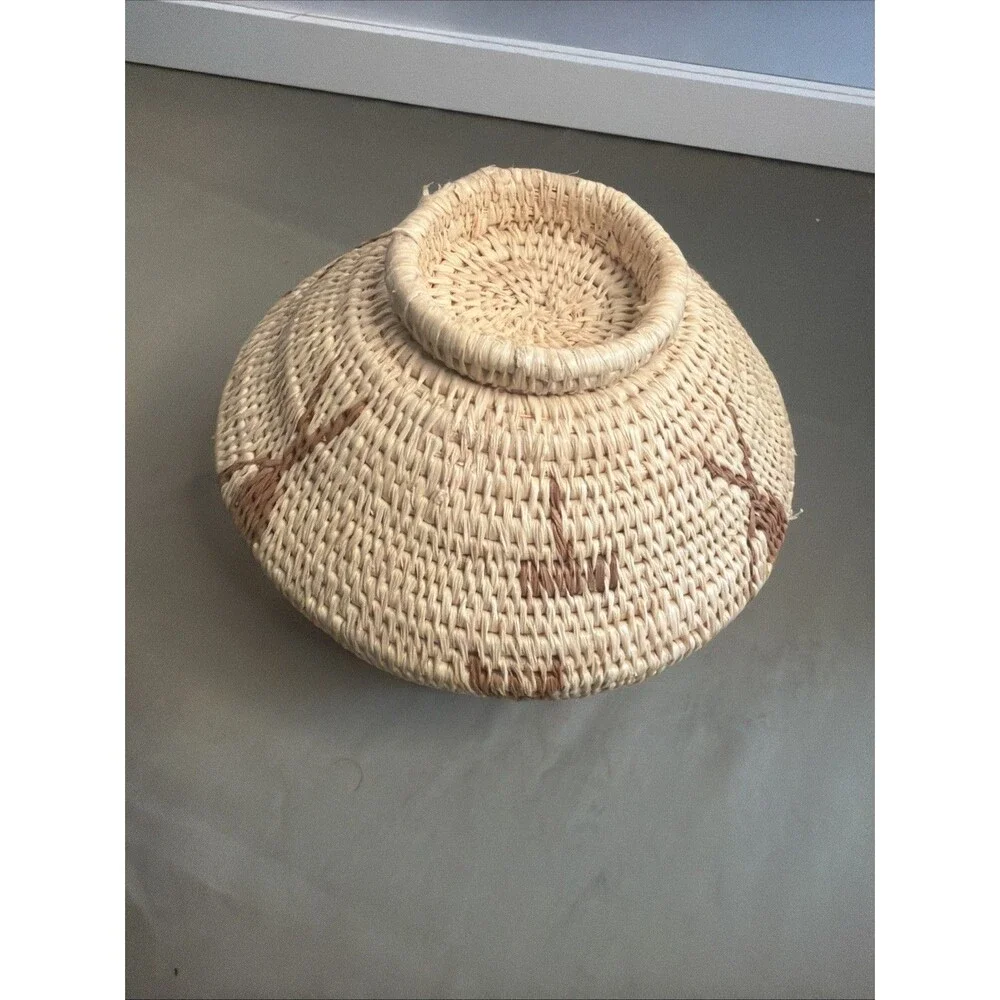 Vintage Handwoven Coil Basket Botanical Geometric Natural Fiber Rainforest Chic